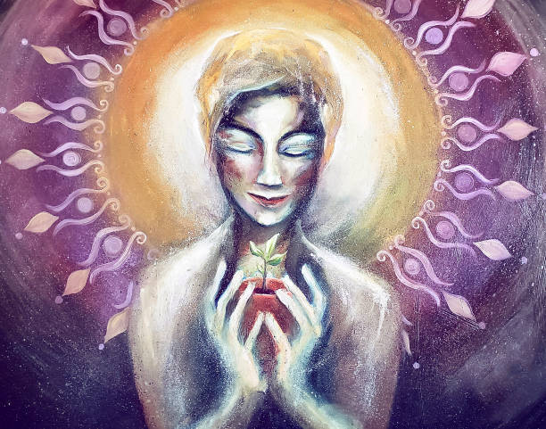 Cultivating Peace and Love oil painting. Beautiful divine feminine holding a plant.